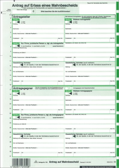 Antrag Mahnbescheid, alle Bundesländer, 2 Einzelblatt, DIN A4 lose im