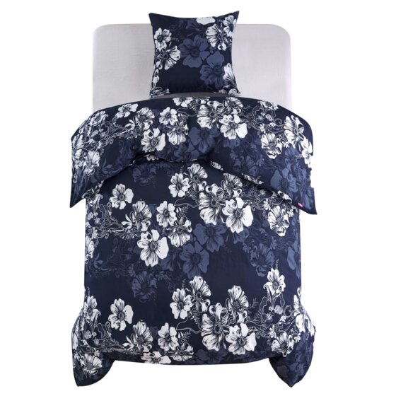 2-tlg. Bettwäsche-Set Blumenmuster 140x220/60x70 cm Marineblau - 1