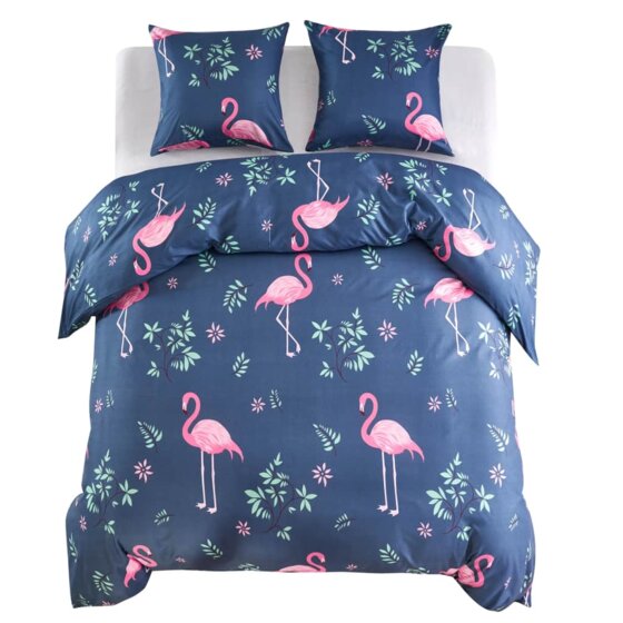 3-tlg. Bettwäsche-Set Flamingo 200x200/80x80 cm Marineblau/Rosa - 1