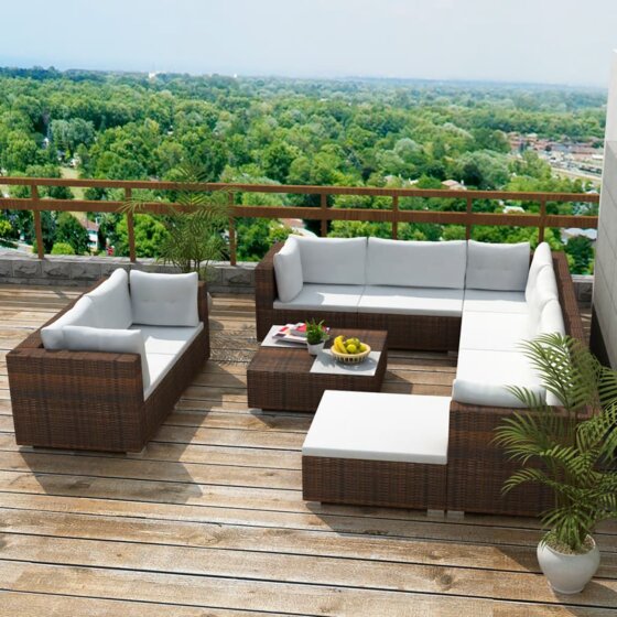10-tlg. Garten-Lounge-Set mit Auflagen Poly Rattan Braun - 1