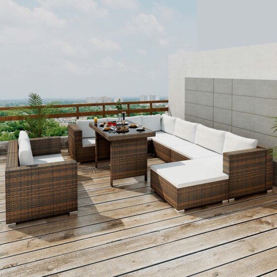 10-tlg. Garten-Lounge-Set mit Auflagen Poly Rattan Braun - 1