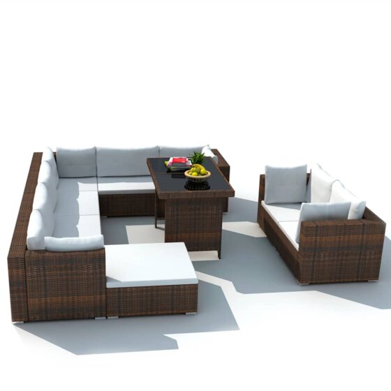 10-tlg. Garten-Lounge-Set mit Auflagen Poly Rattan Braun - 2