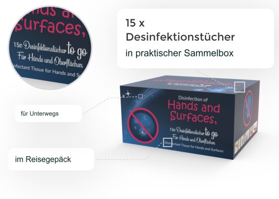 Desinfektionstücher in Spenderbox -Alles im Griff- 2in1 Hände, Oberflächen 15 Tücher Box blau - 1