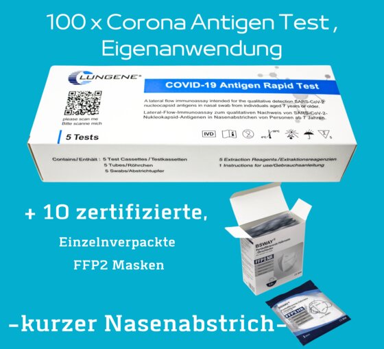100 x Clungene Selbsttest -kurzer Nasenabstrich- Laienzulassung 5640-S-168/21- als 5er Pack - 1