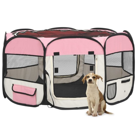 Faltbarer Welpenlaufstall mit Tragetasche Rosa 125x125x61 cm - 1