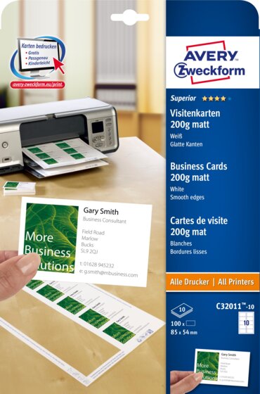 AVERY ZWECKFORM Visitenkarten C32011-10 200g matt 85x54mm weiß 10 Blatt á 10 Karten - 3