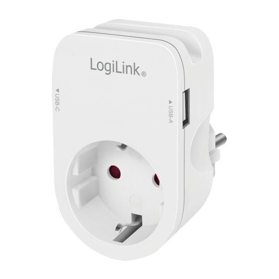 LogiLink Steckdosenadapter mit Ablegehalterung, 1x CEE 7/3, 1x USB-A, 1x USB-C