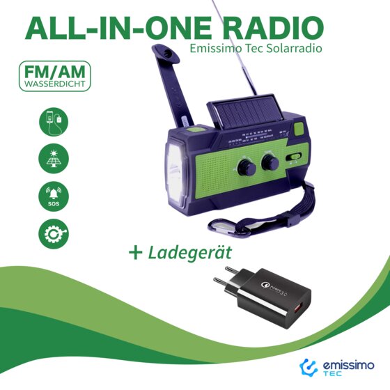 emissimo Tec Solarradio -AleX Notfallradio Akku Kurbelradio mit USB-Ladeanschluss Powerbank Grün - 3