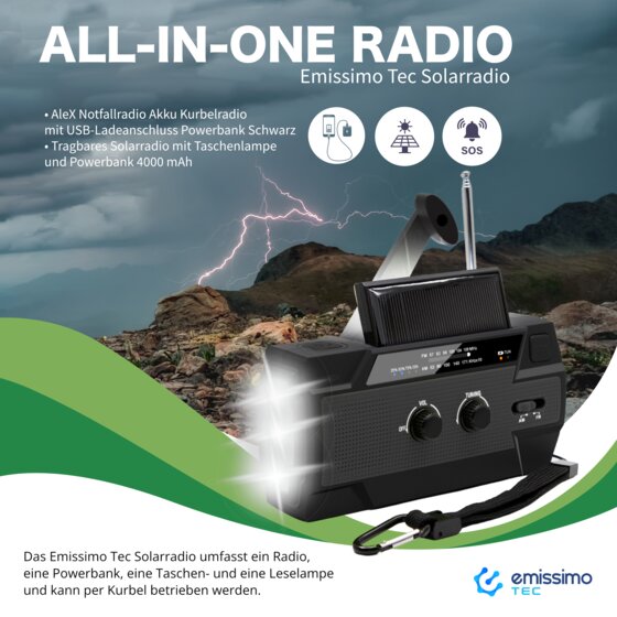 emissimo Tec Solarradio -AleX Notfallradio Akku Kurbelradio USB-Ladeanschluss Powerbank Schwarz - 3
