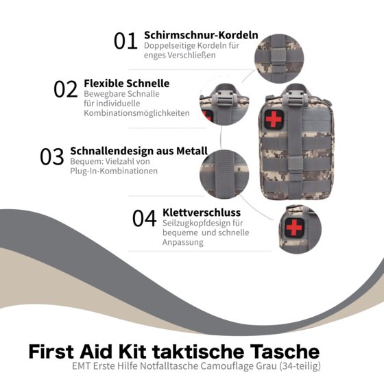 First Aid Kit Verbandstasche, DIN 13164 Erste Hilfe Notfalltasche Camouflage grau (34-teilig) - 5