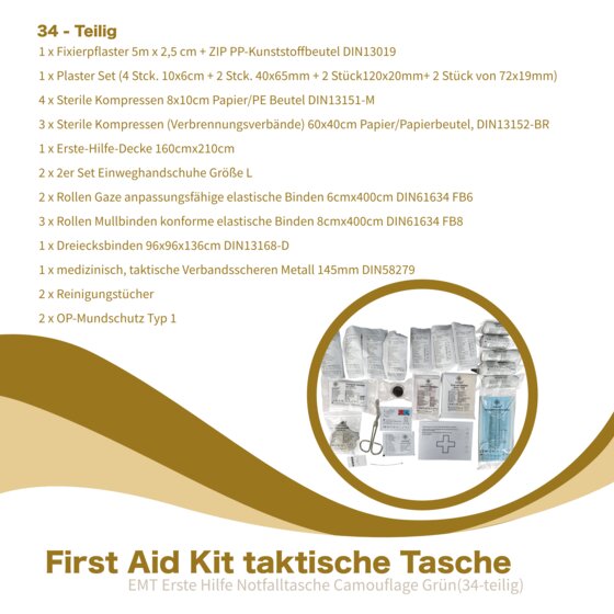 First Aid Kit taktische Tasche, EMT Erste Hilfe Notfalltasche Camouflage grün (34-teilig) - 3