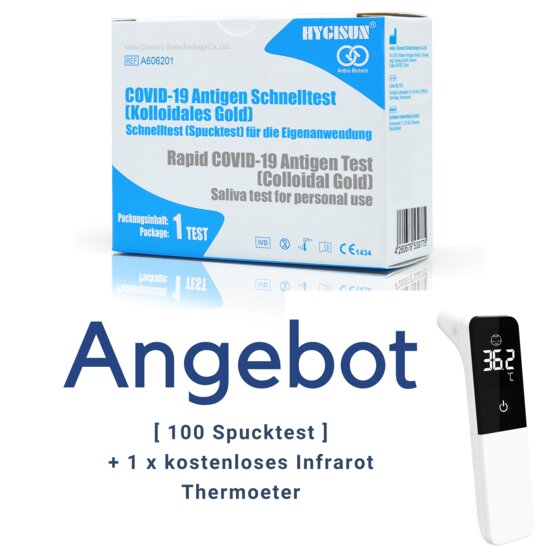 100 x Hygisun COVID-19 Antigen Selbsttest Spucktest + kostenloses Thermometer CE1434 1er Pack - 1