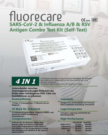 fluorecare 4in1 SARS-CoV-2, Influenza A/B & RSV Combo-Schnelltest 1er - 2
